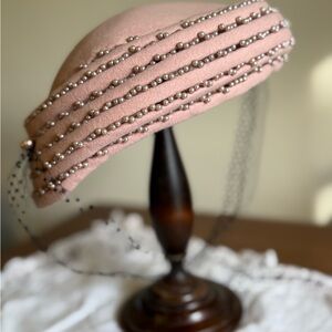 40-50’s Vintage Pink Beaded Women's Hat Elegant
